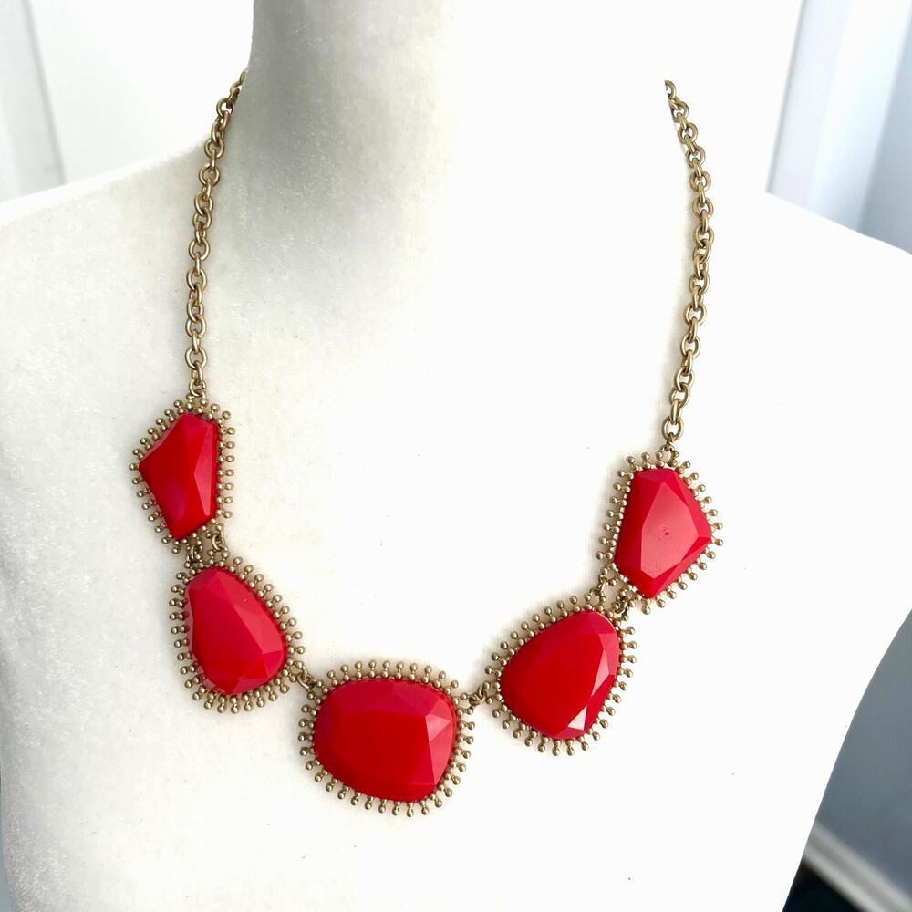 Red and Gold Statement Bib Necklace on Gold Tone Chain